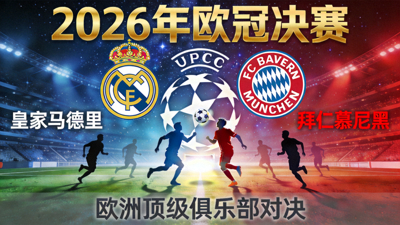 2026年欧冠决赛皇家马德里对阵拜仁慕尼黑宣传图 - 欧洲顶级俱乐部对决