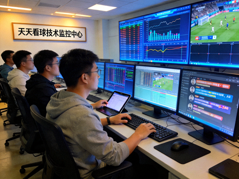 天天看球平台技术团队工作场景 - 工程师监控多屏幕直播数据